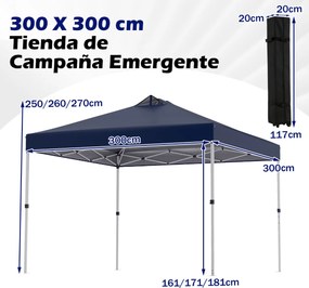 Tenda dobrável 3x3 m com 4 x Sacos de areia de montagem instantânea com 1 botão campismo, feiras, eventos e Saco com rodas Azul