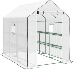 Outsunny Estufa de Jardim de 3 Níveis com 12 Prateleiras Porta Enrolável Janelas Anti-UV Cobertura de PE  140x213x190 cm Branco | Aosom Portugal