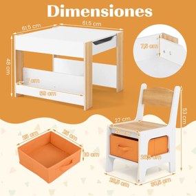 Conjunto de mesa e cadeira para crianças Mesa de actividades 4 em 1 para crianças com tampo reversível Estantes e caixas Natural