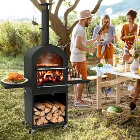 Forno para pizza para exterior com rodas Pedra para pizza Pá 2 grelhas Termómetro Prateleiras laterais para armazenamento Preto