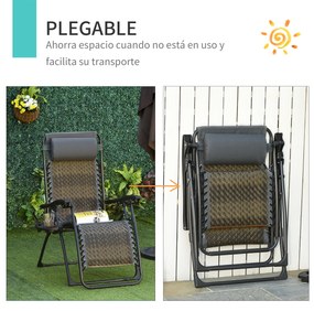 Outsunny Espreguiçadeira dobrável de vime com encosto ajustável Apoio de cabeça removível Suporte para copos e telefone Jardim Terraço 65x70x110 cm Cinza