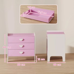 Cómoda para crianças, cómoda com 3 gavetas 60 x 40 x 60 cm, rosa