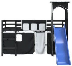 Cama alta criança c/ torre 80x200 cm pinho maciço branco/preto