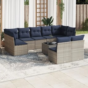 vidaXL 10 pcs conjunto sofás p/ jardim c/ almofadões vime PE cinzento
