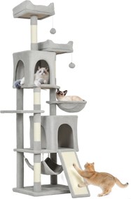 Arranhador para gatos com torre de brincadeiras: 3 plataformas, 2 compartimentos abertos, 2 camas, 2 redes e 1 escada; altura: 177 cm; cinzento claro