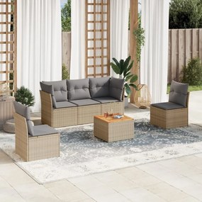 6 pcs conj. sofás jardim c/ almofadões vime PE bege misturado