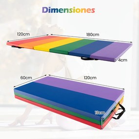 Tapete de ginástica triplo dobrável para crianças com pegas de transporte para treino de ioga aeróbico 180 x 120 x 4 cm Multicolor