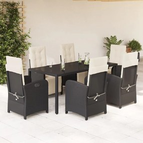 7 pcs conjunto de jantar p/ jardim c/ almofadões vime PE preto