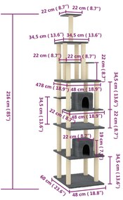 Árvore p/ gatos c/ postes arranhadores sisal 216cm cinza-escuro