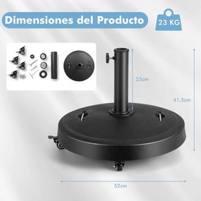 Base para guarda-sol de exterior, capacidade de carga de 23 kg com rodas, pegas, suporte de guarda-sol redondo de 52 cm para jardim e pátio