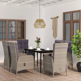 7 pcs conjunto de jantar p/ jardim c/ almofadões cinza e preto