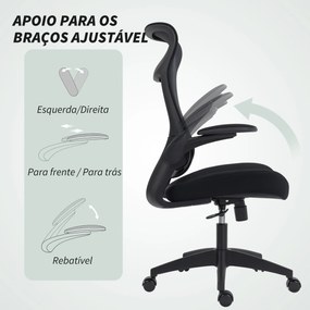 Cadeira de Escritório Ergonómica com Suporte Lombar e Apoios de Braços 3D Dobráveis Função de Basculante 64x65x108-118 cm Preto