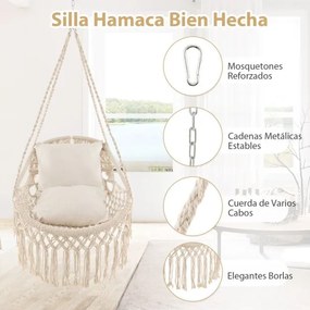 Cadeira suspensa jardim 101 x 69 cm com franjas 2 almofadas macias para o assento Corda e corrente Capacidade de carga 150 kg Bege