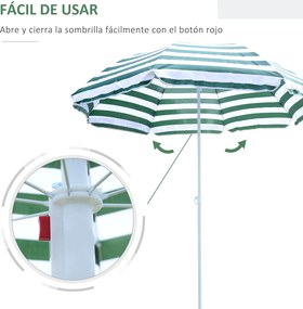 Chapéu de Sol de Praia Ø180cm com Teto Inclinável e Mastro de Metal Proteção Solar para Jardim Terraço Exterior Listras Verdes e Branco