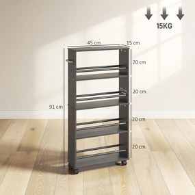 Carrinho de Arrumação, 45 x 15 x 91 cm, 4 Prateleiras, Preto