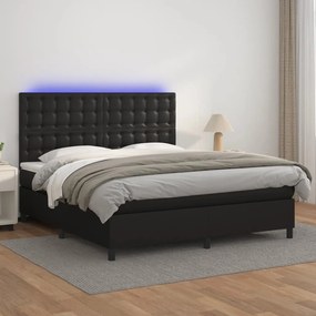 Cama box spring c/ colchão/LED 180x200cm couro artificial preto