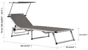 Espreguiçadeira dobrável c/ teto alumínio e textilene cinzento