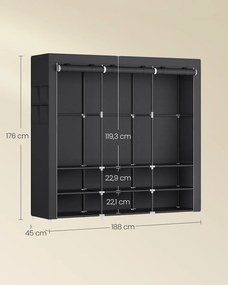 Guarda roupa tecido 45 x 188 x 176 cm com 3 compartimentos suspensos, preto