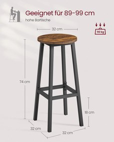 Conjunto de 2 bancos de bar com apoio para os pés 32 cm d, 74 cm H Castanho Vintage-preto