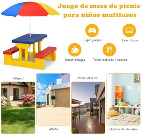 Conjunto de mesa e banco infantil para exterior com guarda-sol para crianças Mobiliário de piquenique para crianças 67 x 41 x 47 cm Multicolor