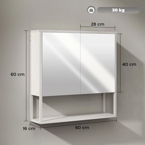 Armário de parede para casa de banho com espelho, móvel de casa de banho, 2 portas com espelho, prateleira aberta 60 x 16 x 60 cm, branco