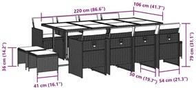 13 pcs conjunto de jantar p/jardim com almofadões vime PE preto