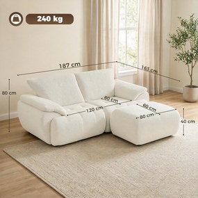 Sofá Modular em L de 2 Lugares com Otomana Reversível Sofá em Chenille com Assento Largo sem Montagem Creme
