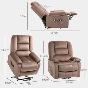 Poltrona elevatória elétrica, de relaxamento com encosto reclinável e apoio para os pés, com comandos remotos, 90 x 93 x 110 cm, castanho