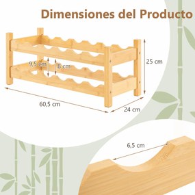 Garrafeira com 2 níveis para 12 garrafas 24 x 60,5 x 25 cm Suporte independente de bambu para cozinha, bar e bancada natural