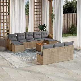 11 pcs conjunto sofás de jardim c/ almofadões vime PE bege