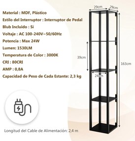 Candeeiro de pé moderno com Estantes para lâmpadas LED de 3 níveis reguláveis e Postes LED rotativos para o quarto 29 x 29 x 163 cm Preto