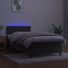 Cama box spring c/ colchão/LED 100x200cm veludo cinzento-escuro