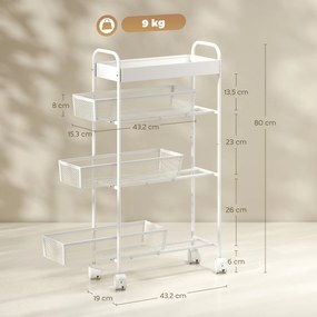 Carrinho de arrumação com 4 níveis, carrinho com Rodas, 3 cestos deslizantes, cesto superior 19 x 43,2 x 80 cm, branco