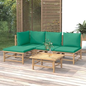 5 pcs conjunto lounge de jardim bambu c/ almofadões verdes