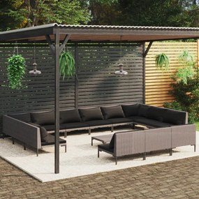 vidaXL 14pcs conj. lounge jardim c/ almofadões vime PE cinzento-escuro