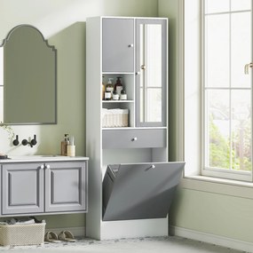 Móvel de casa de banho 62 x 28,3 x 181 cm com cesto para roupa suja e espelho com prateleira ajustável, cinzento e branco