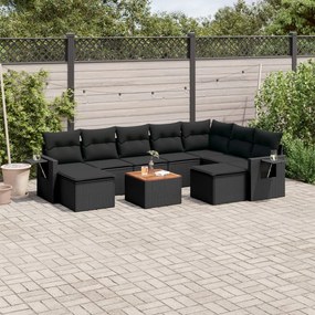 10 pcs conjunto sofás de jardim c/ almofadões vime PE preto