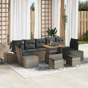 Conjunto de Sofá de Jardim de 10 Peças com Almofadas Cinza Polirattan Acácia
