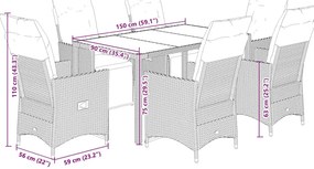 7 pcs conjunto de jantar p/ jardim c/ almofadões vime PE preto