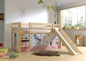 Cama alta de Criança PINO 90 x 200 cm + estrado + escada + escorrega + cortina Princesa Natural