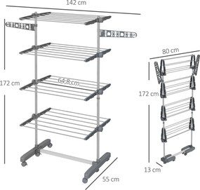 Estendal de roupa dobrável com abas laterais, para uso interior e exterior, 142 x 55 x 172 cm, 4 níveis, cinzento