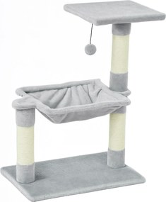Arranhador para gatos com 3 arranhadores de sisal natural, plataforma, rede e bola suspensa, 50 x 26 x 70 cm, cinzento