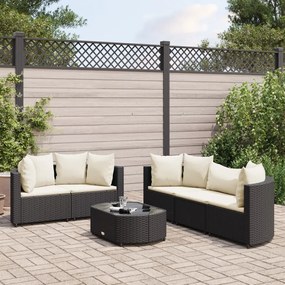 6 pcs conjunto sofás de jardim c/ almofadões vime PE preto