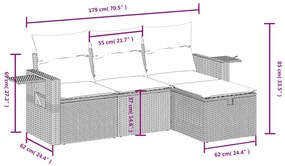 4 pcs conjunto sofás de jardim c/ almofadões vime PE castanho