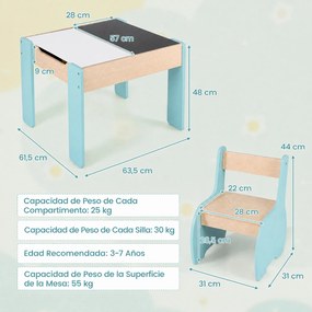 Conjunto de Mesa de Atividades e 2 Cadeiras Infantis, 63,5 x 61,5 x 48 cm, 4 em 1, Azul
