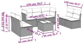 8 pcs conjunto sofás de jardim c/ almofadões vime PE cinzento