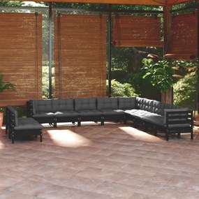 vidaXL 11 pcs conjunto lounge jardim c/ almofadões pinho maciço preto