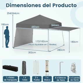 Tenda Pop-up de 430 x 280 cm com 2 paredes laterais convertíveis em toldo festas, eventos, feiras, jardim cinza