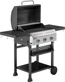 Outsunny Barbecue a Gás com 3 Queimadores 9 kW Termómetro Mesas Laterais Dobráveis e 2 Rodas Ganchos Preto | Aosom Portugal