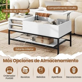 Mesa de centro elevável 99,5 x 49,5 x 47,5 cm com compartimento oculto com prateleira de armazenamento elevável Branca
